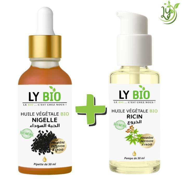 Pack d'huiles végétales - LYBIO - Huile de nigelle 50ml - Huile de ricin 50ml - Soin apaisant et fortifiant