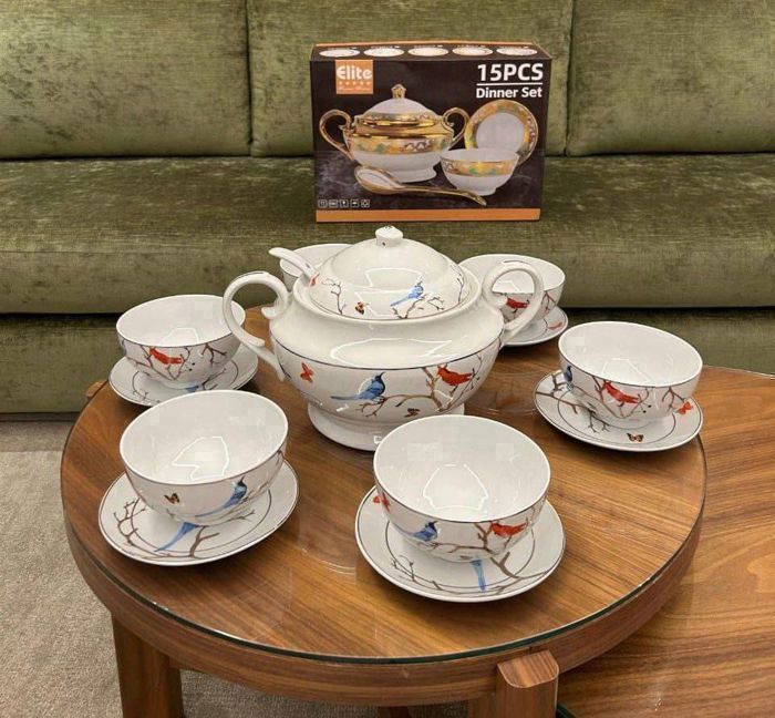 Service à Soupe - Élégance - 15 Pièces - Porcelaine - 6 Bols - 7 Cuillères