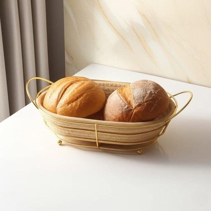 Panier à pain doré avec doublure en tissu – Panier en métal ovale pour pain