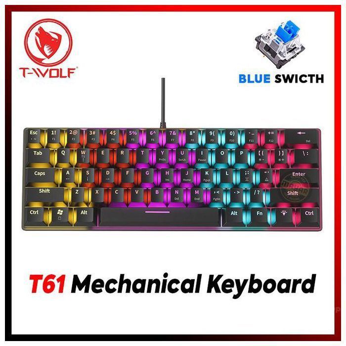 Twolf Clavier Gaming Mécanique T6 Format 60 % – 63 Touches – lumineuse Rétroéclairage RGB – Blue Switch anti-ghosting