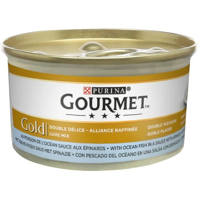 GOURMET GOLD Conserve Chat Double Délice Au Poisson de l’Océan Sauce aux Épinards 85g