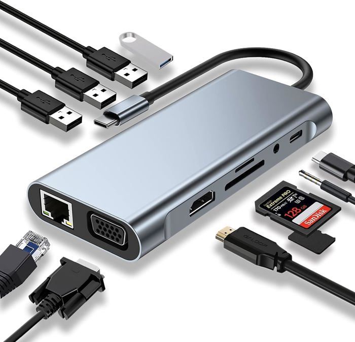 Adaptateur HUB USB C 11 en 1 avec HDMI 4K, VGA, Type C PD, USB3.0, Ethernet RJ45, lecteur de carte SD/TF