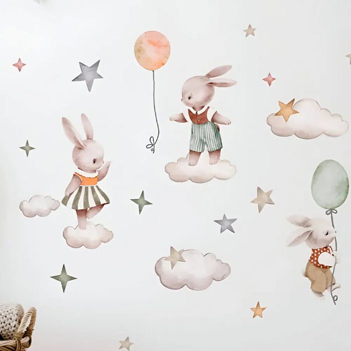 Autocollant mural - Décoration murale - Lapins - Vinyle adhésif - Multicolore - Chambre enfant