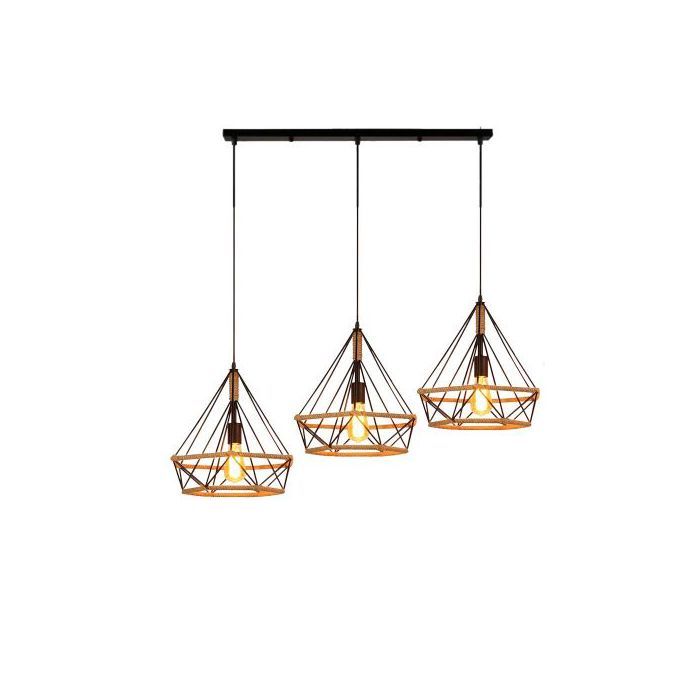Suspension en forme Diamant de type Industrielle Style Vintage, Lustre Abat-jour Corde de chanvre, 3 Ampoules E27 Edison Offerte