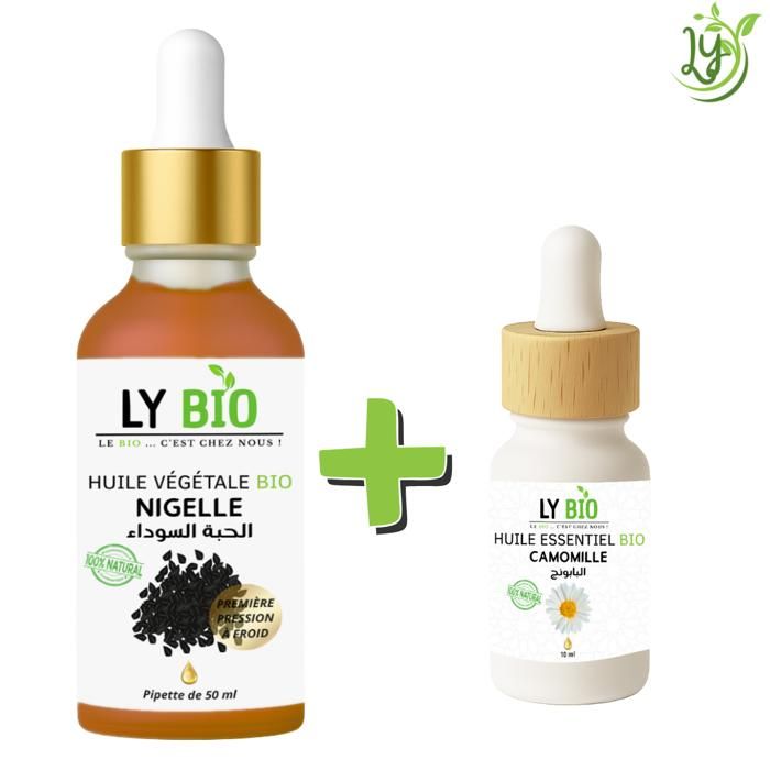 Pack de soins - LYBIO - HUILE NIGELLE 50ML - PIPETTE - HUILE ESSENTIELLE CAMOMILLE 10ML - Réparateur