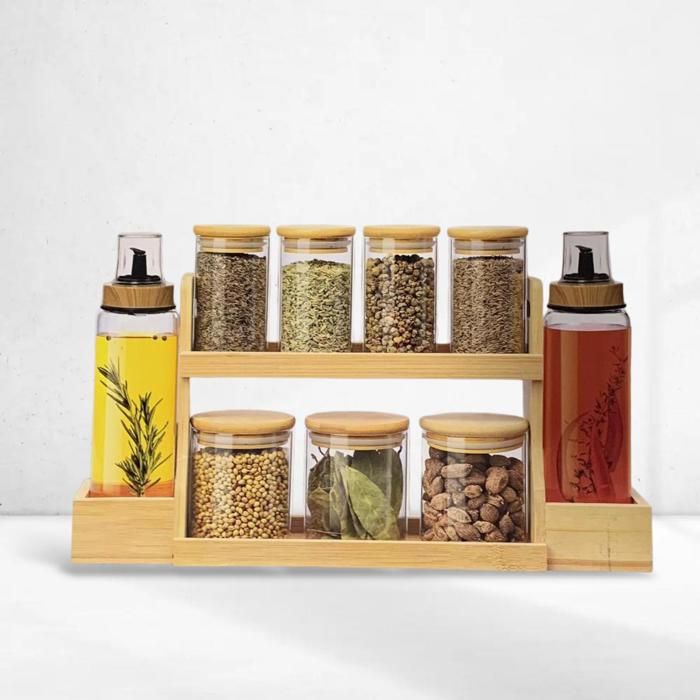 RANGEMEMENT ET ORGANISATEUR  9 PIECES AVEC BOITES À ÉPICES EN VERRE ET COUVERCLE AN BAMBOU