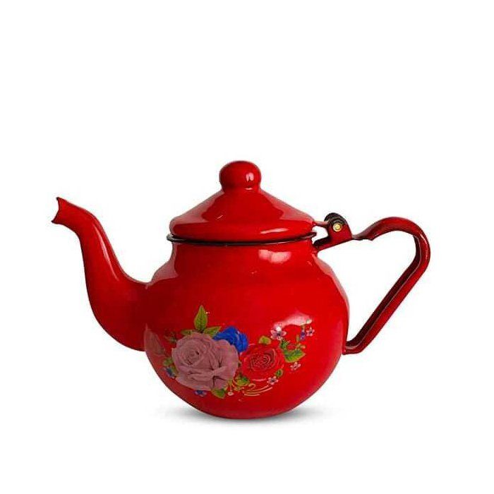 Théière Émaillée Artisanale Rouge – Motifs Floraux Peints à la Main