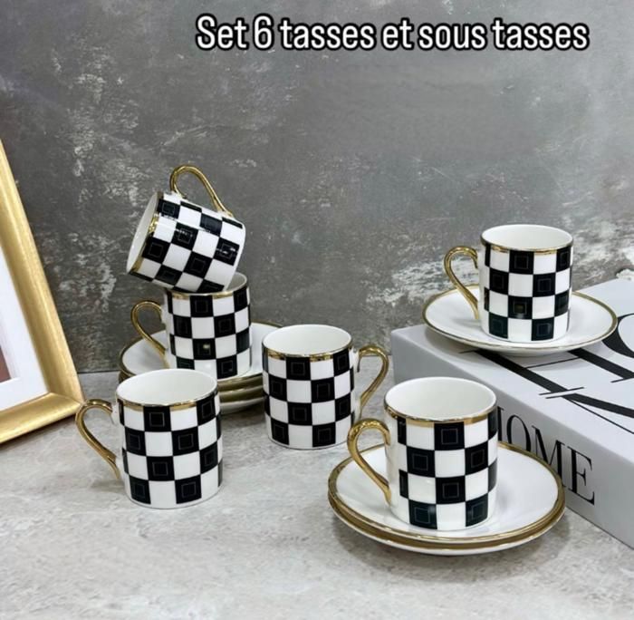 Set de 6 tasses à café - MARQUE - Porcelaine fine - Détails noirs - Motifs aléatoires - Accessoires de cuisine
