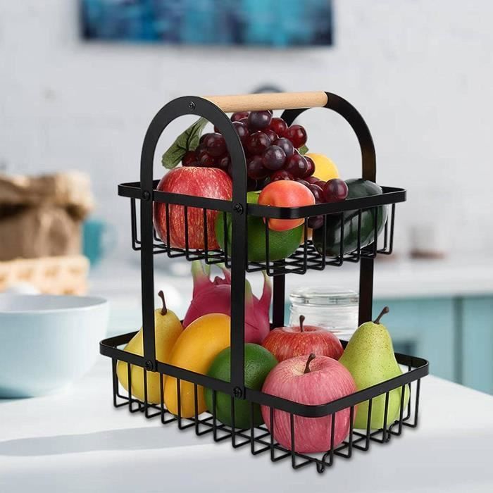 Corbeille à fruits à 2 niveaux, support à légumes amovible avec poignée, support de rangement de cuisine pour comptoir (noir)
