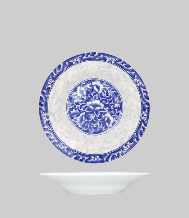 assiette creuse ronde en porc avec rebord bleu 22,9cm