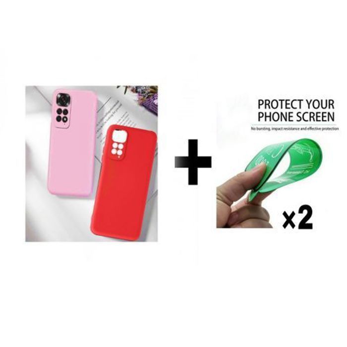 Case Pack : 2 Pochette Redmi Note 11S 4G Silicone Rouge Et Rose + 2 Protection Incassable