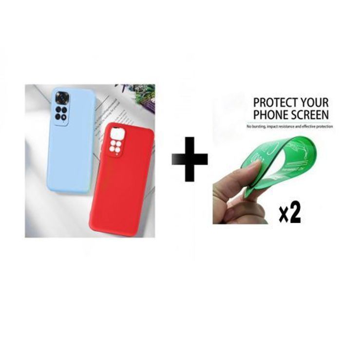 Coque et protection d'écran - GÉNÉRIQUE - Redmi Note 11S - Silicone - Rouge et Bleu Ciel - Résistant aux chocs