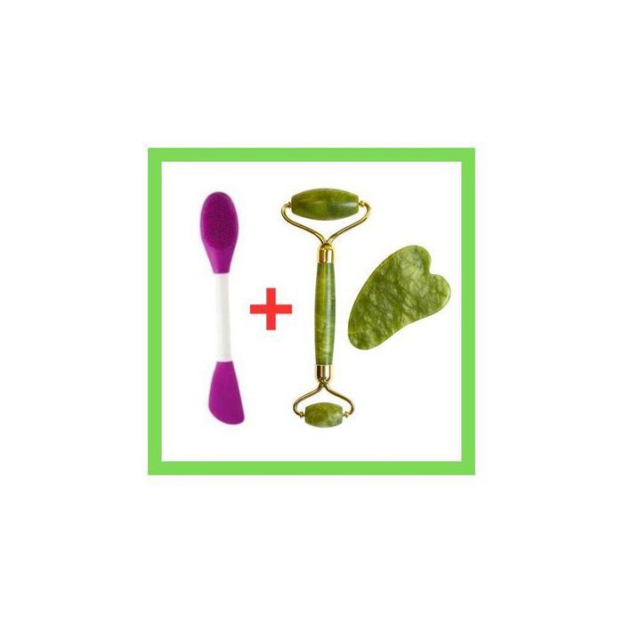Pack 3pcs Rouleau massage visage, jade roller facial naturel, brosse double usage pour une peau éclatante