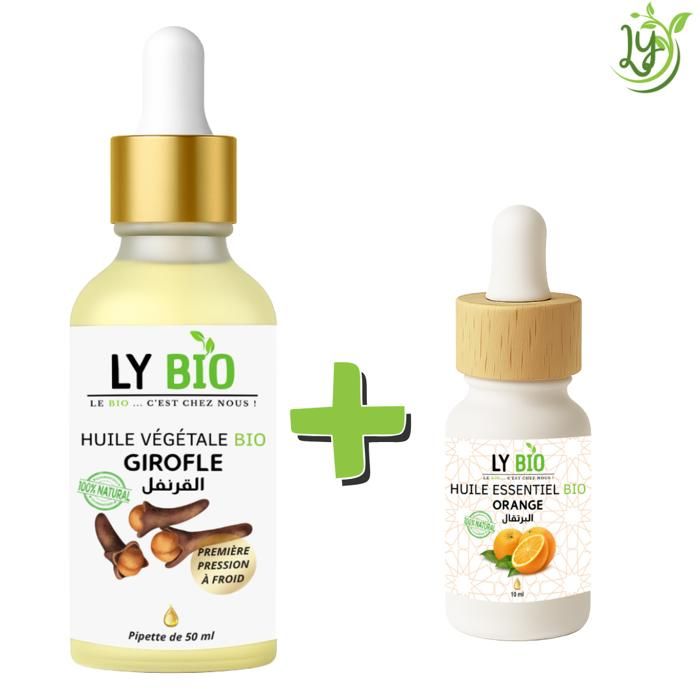 Pack Huile Girofle 50ml - LYBIO - Pipette - Huile Essentielle Orange 10ml - Soin Cheveux - Bien-être