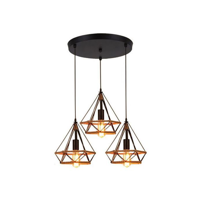 Suspension Luminaire Industrielle 3 Lampes Plafonnier Lustre en Corde de Chanvre Cage Diamant + 3 Ampoules Edison LED offerte
