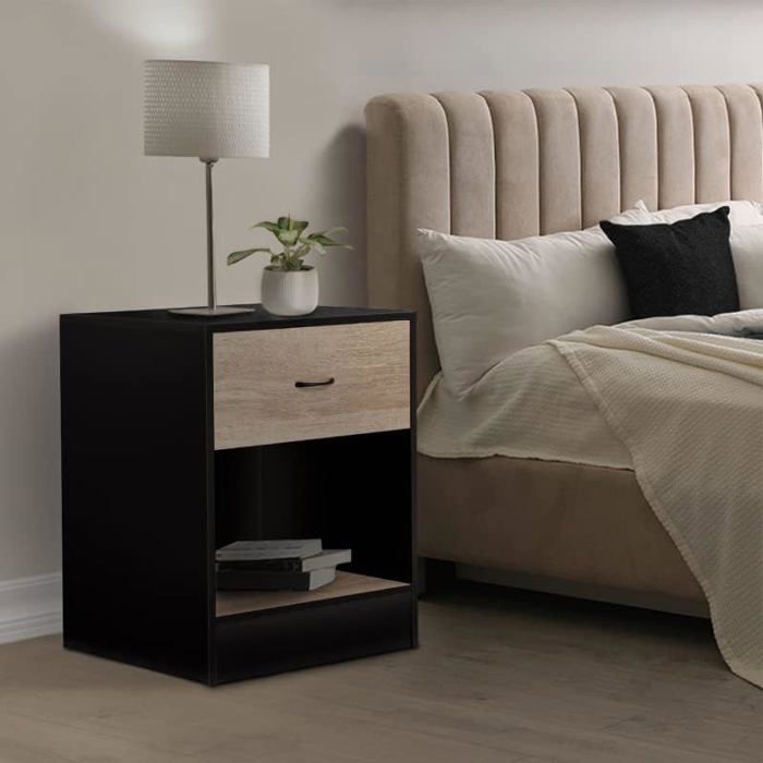 Tables de Chevet - MDF - Lot de 2 - 1 Tiroir - Bois Massif - Noir/Marron