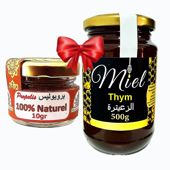Miel Thym ( Toux ballonement Cicatrisant bronchite) 100% pure naturel 500g + Propolis energie et nutrition 100% naturel 10g