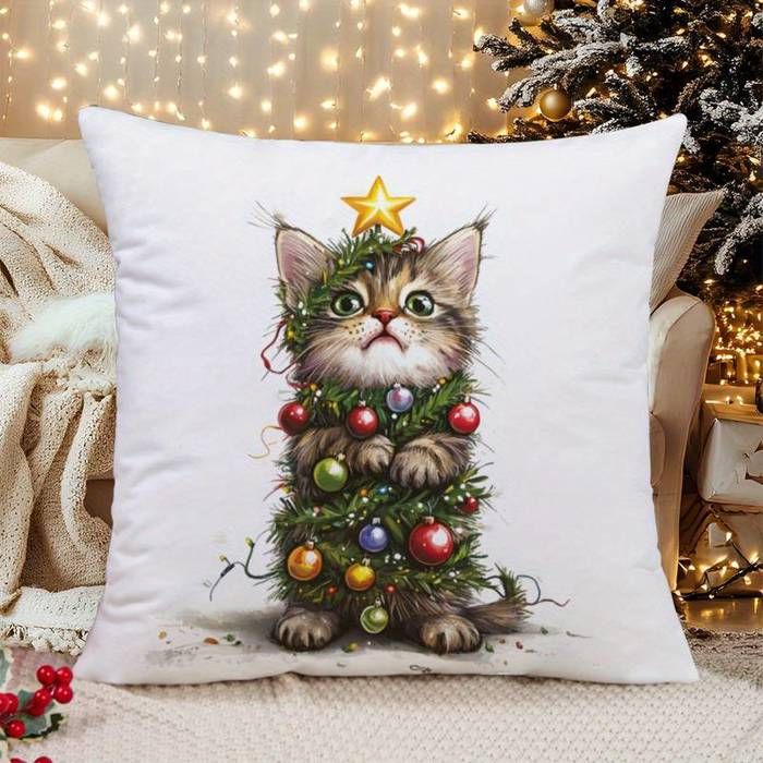 Housse de Coussin - OUTFITS AND MORE - Imprimé Chat de Noël - 40x40cm - Douceur - Déhoussable