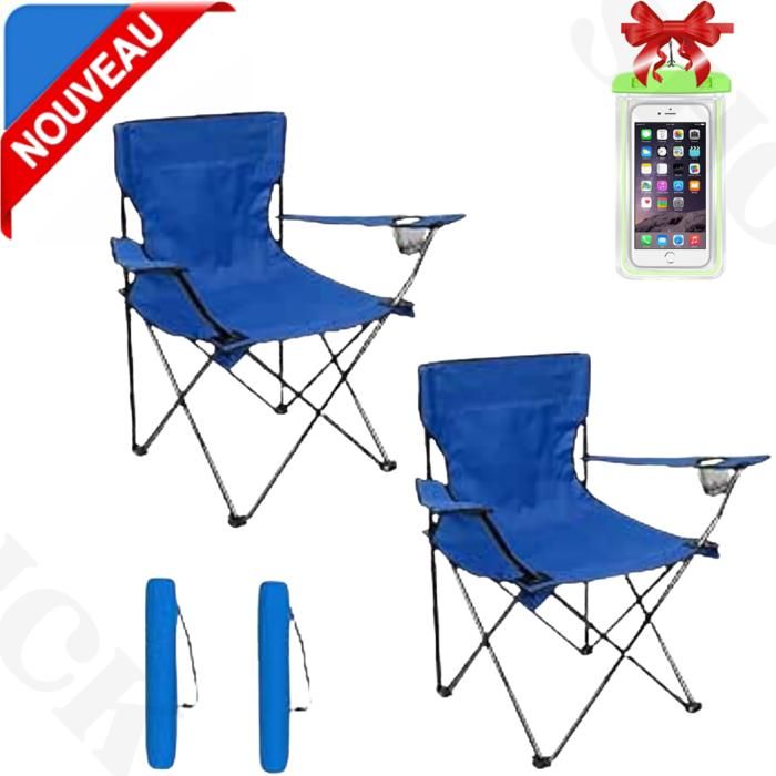 2 Chaises Plage, Pêche Pliables Fauteuil Camping plus porte-Bouteille et sachet, Bleu + Etui Etanche
