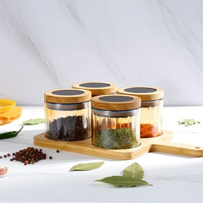 Set de 4 boîtes en verre ambré avec couvercles en bois et plateau assorti –