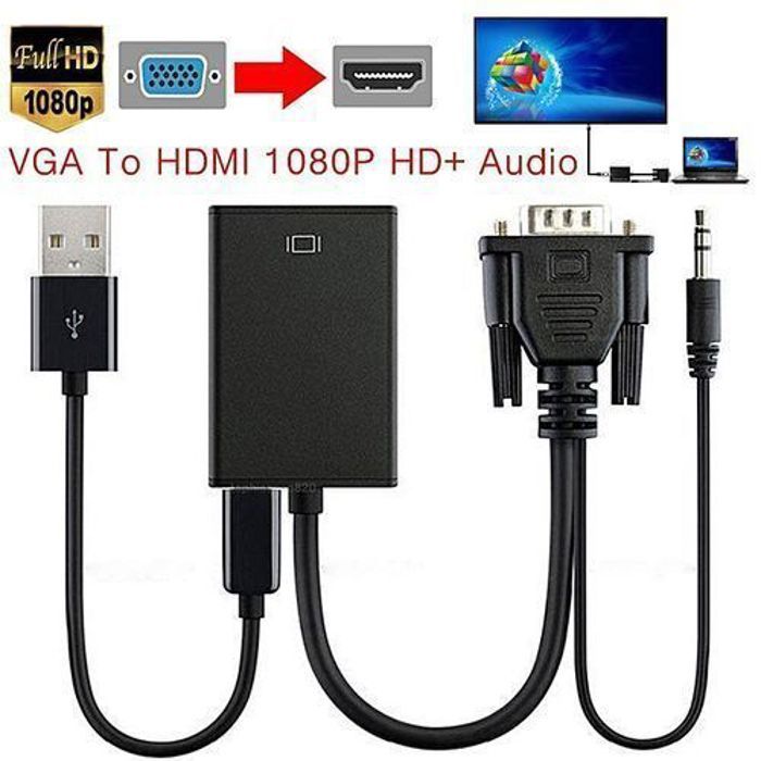 Vga Male To Hdmi Output Adaptateur 1080P Hd+ Audio Tv Av Hdtv Video