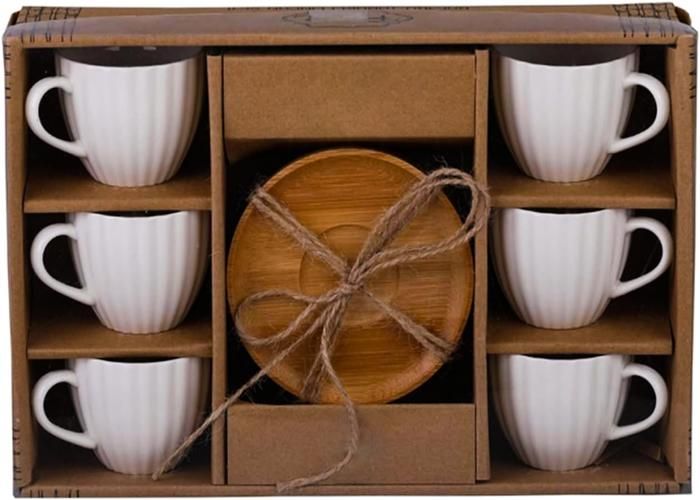 Ensemble de 12 Pièces - Noname - Tasses Porcelaine - Sous Tasses Bois - Classique - Intemporel