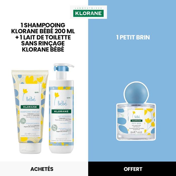 KLORANE Bébé Shampooing 200ml+1 Lait sans Rinçage 500ml = 1 Petit Brin