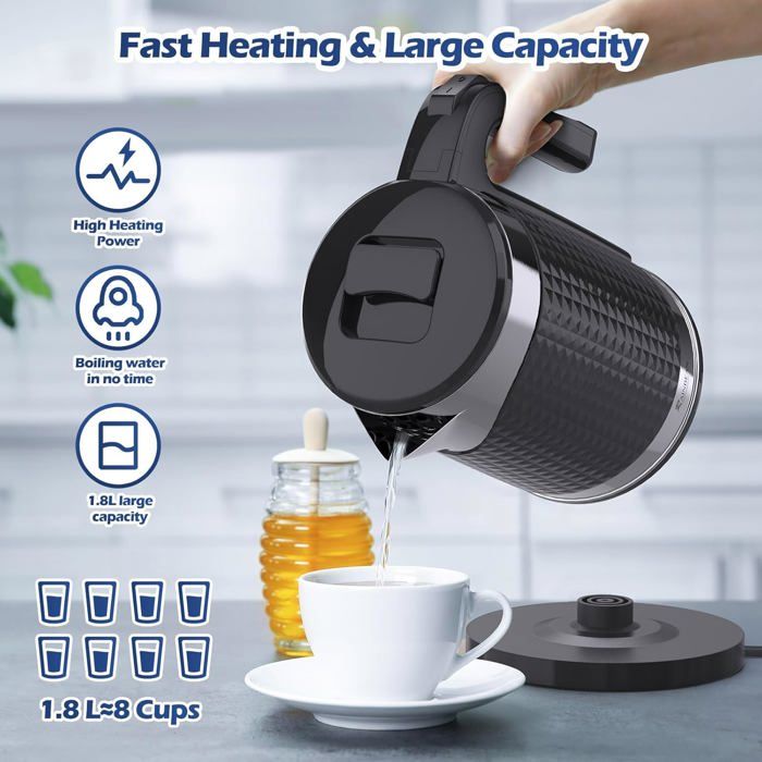 Bouilloire électrique 1.8L avec protection contre l'ébullition à sec – Technologie STRIX, acier inoxydable et verre