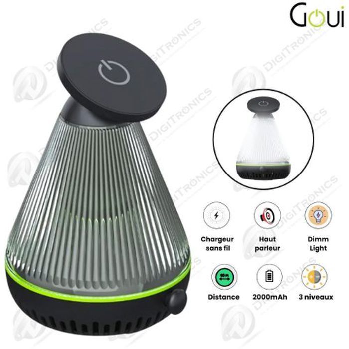 Goui 3 EN 1 Dimm - Lampe Multifonction + Chargeur Sans Fil 15W + Haut-Parleur 3W Batterie 2000mAh - 3 Niveaux de Luminosité - Haut-P