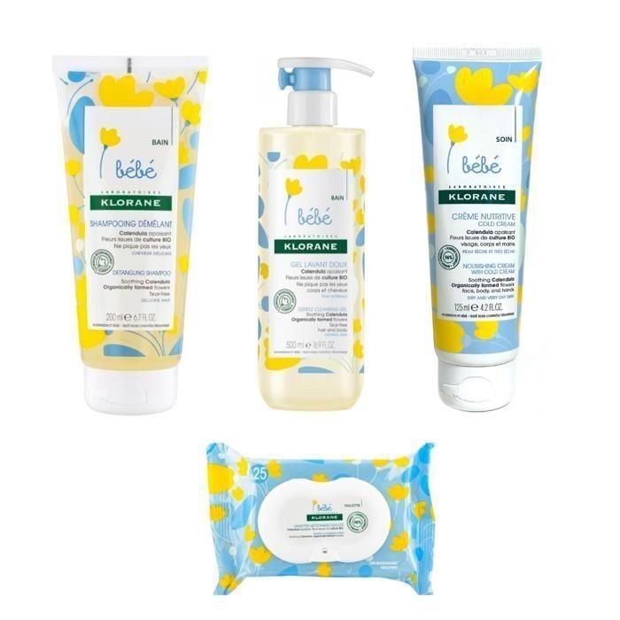 KLORANE Bébé : Shampooing 200ml, Gel lavant doux 500ml, Crème nutritive Cold Cream 125ml, Lingettes au Calendula (25 unités)