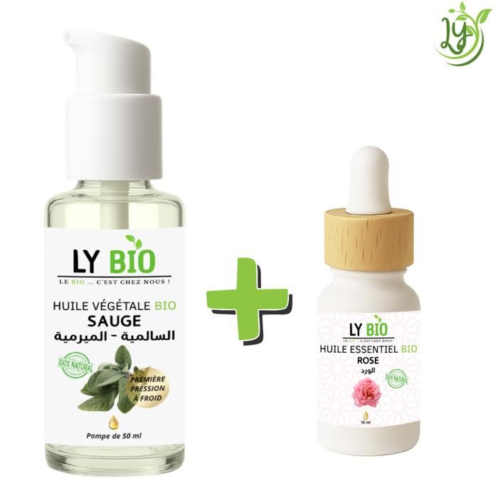 Pack Huile - LYBIO - Huile Sauge 50ml - Huile Essentielle Rose 10ml - Tous types de cheveux - Mixte