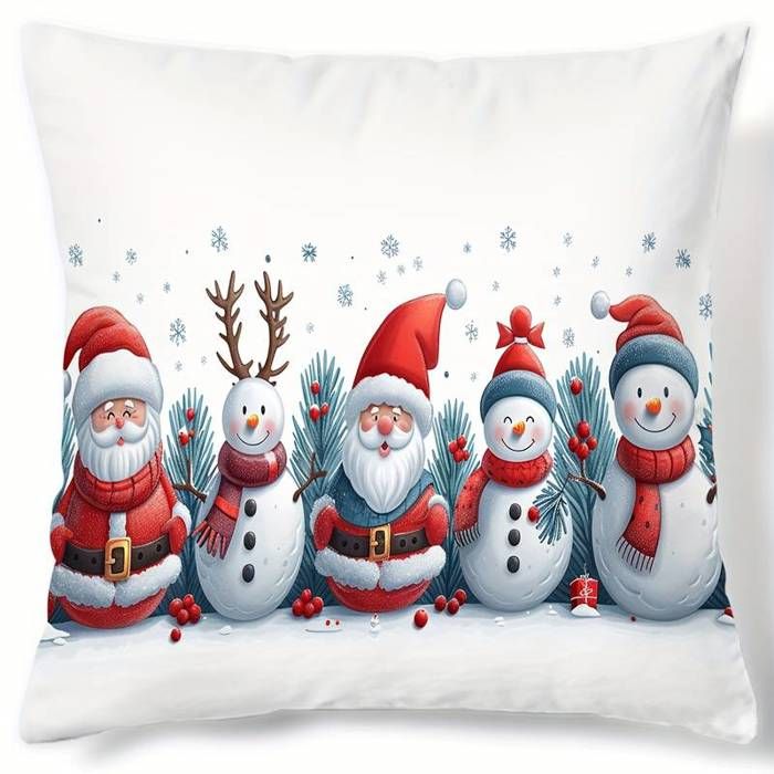 Housse de coussin de Noël contemporaine avec le Père Noël, des bonhommes de neige et des animaux