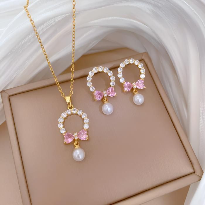 Ensemble de Bijoux - EGO038 - Collier et Boucles d'oreilles - Doré - Acier - Cristal