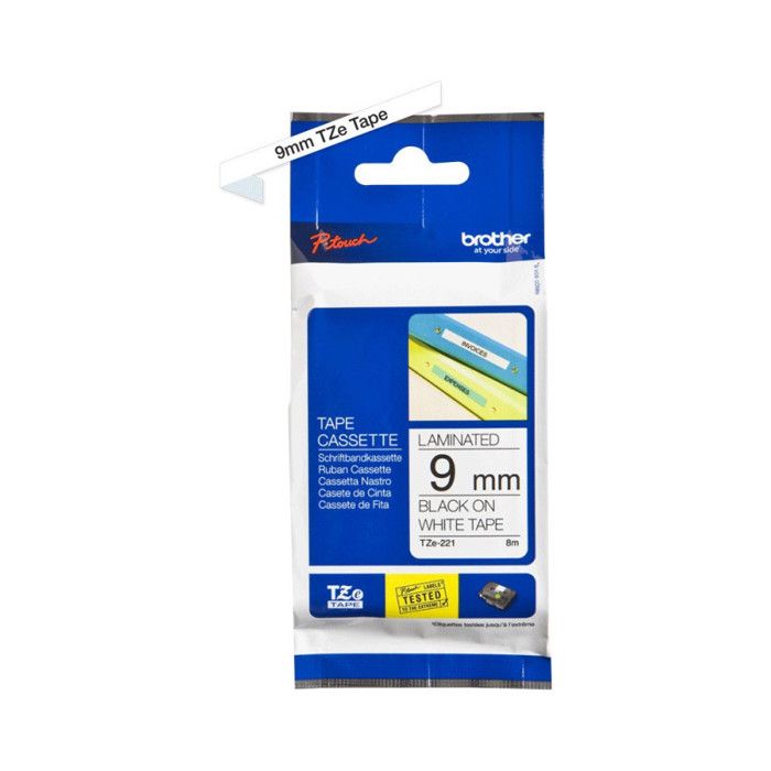 Cassette à ruban TZe-221 - Noir sur blanc, 9 mm de large / 8 m de long