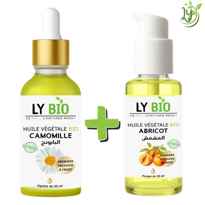 Pack de soins - LYBIO - HUILE CAMOMILLE 50ML - PIPETTE - HUILE ABRICOT 50ML - POMPE