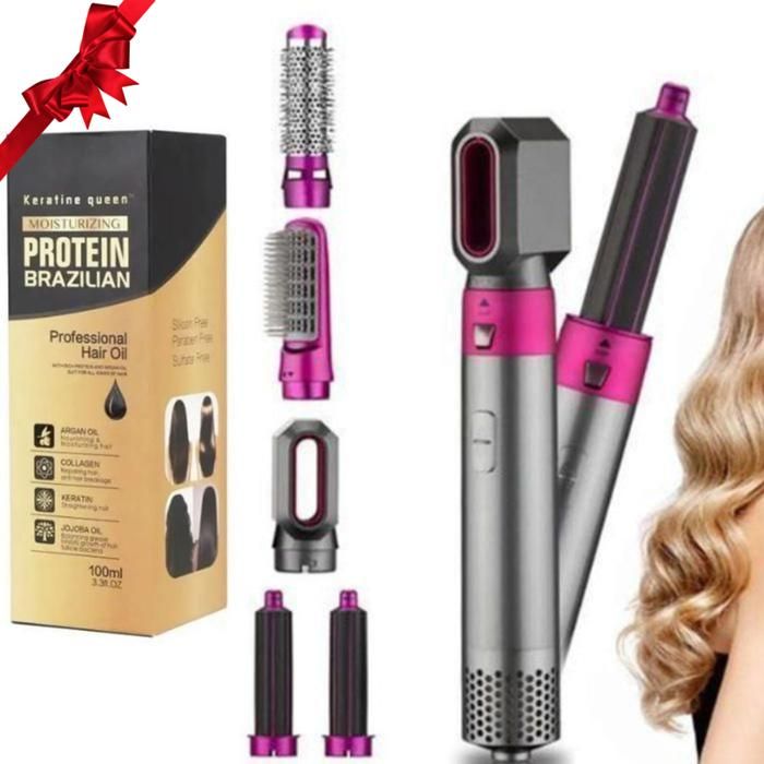 Pack Brosse 5 en 1 professionnels et Huile de cheveux keratine queen Protein Brazilian
