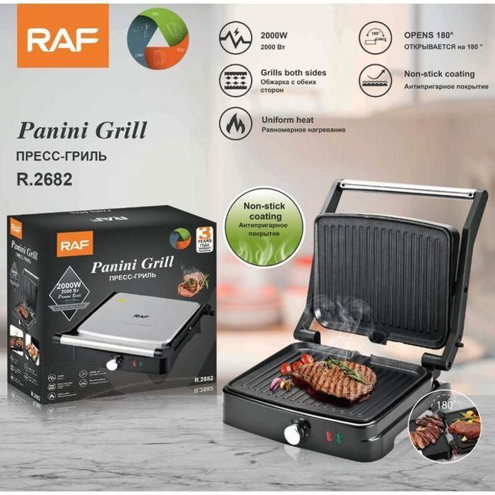 Grill électrique multifonction - RAF - Panini Grill - 2000W - Antiadhésif - Ouverture 180°