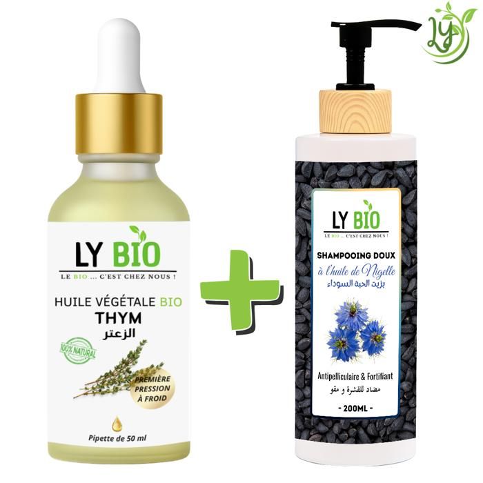 LYBIO PACK HUILE THYM 50ML - PIPETTE + SHAMPOOING A L'HUILE DE NIGELLE 200ML - ANTIPELLICULAIRE & FORTIFIANT