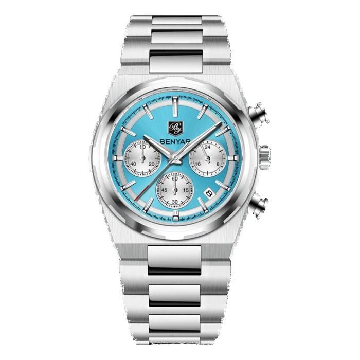 BENYAR BY-5204C Montre Homme Chronographe Étanche en Acier Inoxydable - Bleu ciel