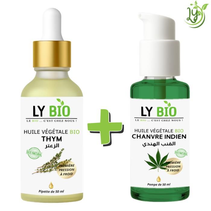 Pack de soins - LYBIO - Huile Thym 50ml - Pipette - Huile Chanvre 50ml - Pompe