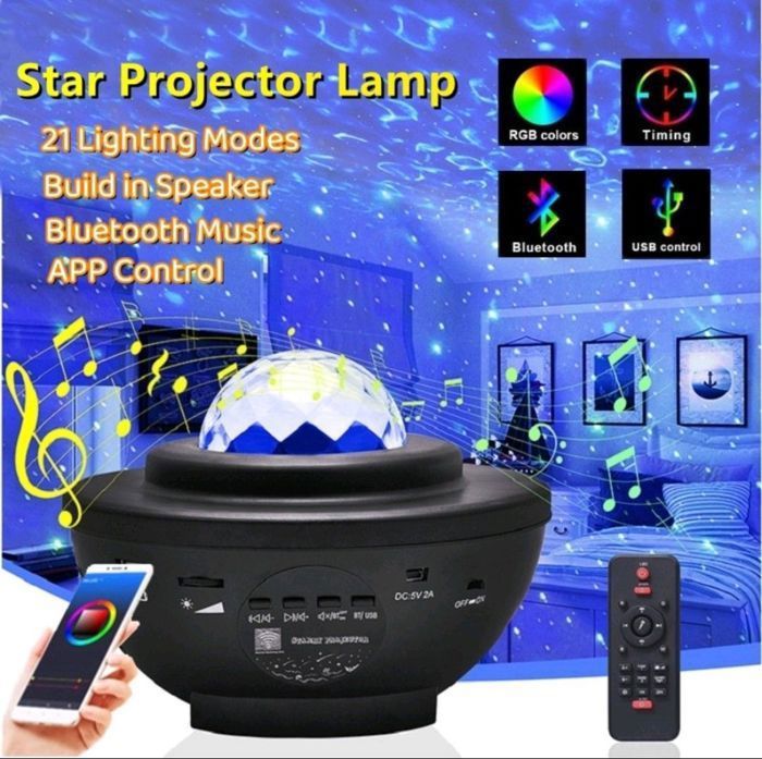 3 en 1 Projecteur lampe veilleuse LED Étoiles avec 2 haut-parleur Bluetooth et télécommande
