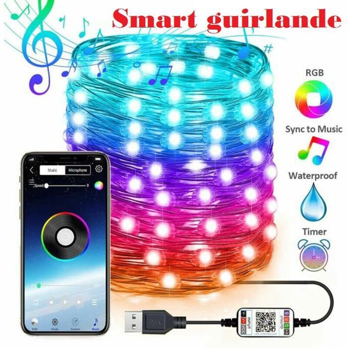 Smart guirlande lumineuse USB, Bluetooth, avec télécommande, 10m, pour une ambiance personnalisée.