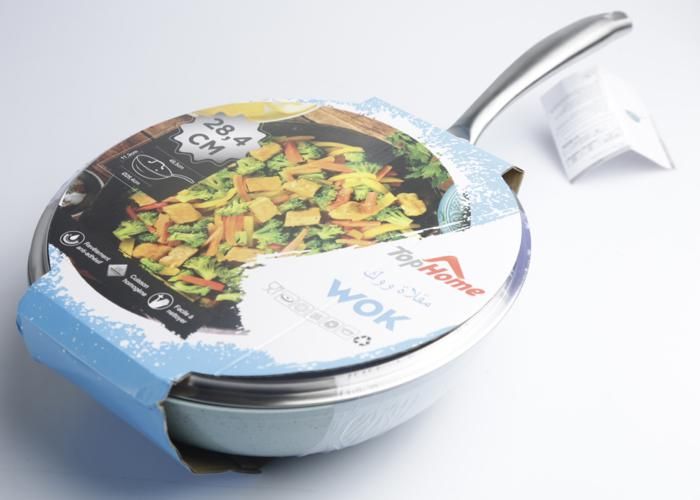 Wok forgé 28 cm en aluminium/céramique bleu avec couvercle en verre