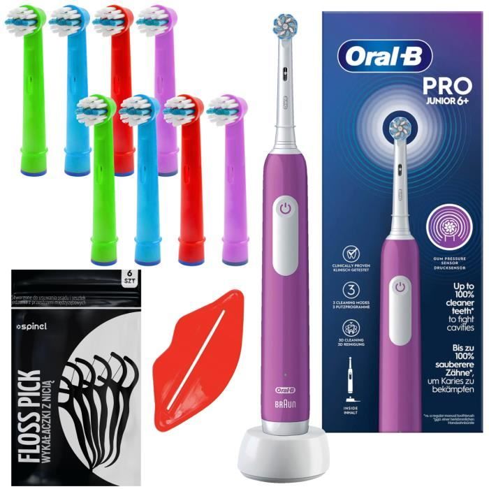 Elastisk tandborste - Oral-B - Junior Pro lila - barn 6 år och uppåt - 8 borsthuvuden ingår