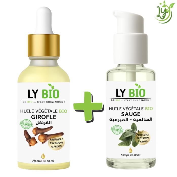 Pack d'huiles essentielles - LYBIO - Huile Girofle 50ml - Pipette - Huile Sauge 50ml - Pompe