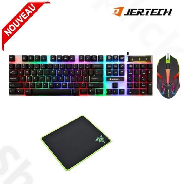 Jertech Clavier Gamer Gaming lumineux Multi LED KM170 avec souris + mini tapis razer offert