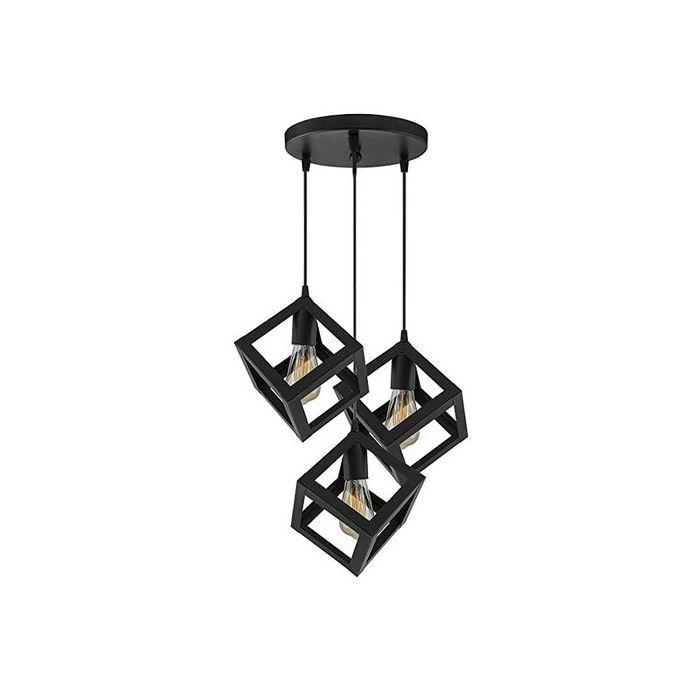 Lustre suspension vintage cube luminaire a 3 en 1 noir + 3 ampoule edison offerte