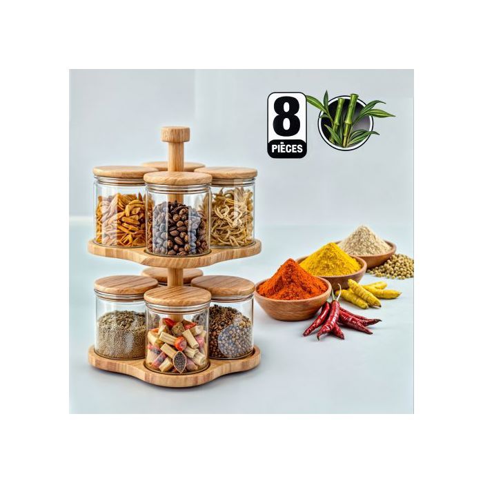 8 Bocaux en Verre avec Support Rotatif en Bambou