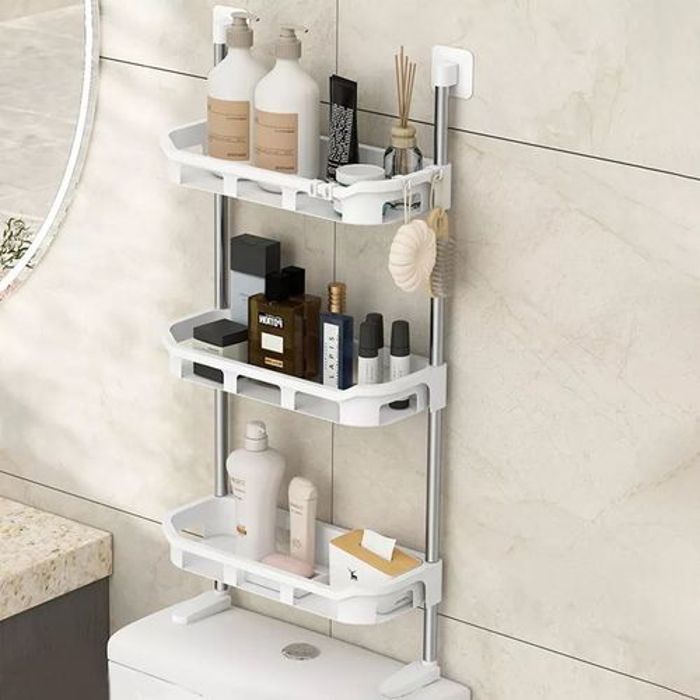 Étagère de Toilettes à 3 Niveaux, Rangement Multifonctionnel Sans Poinçon Avec Pieds de Soutien