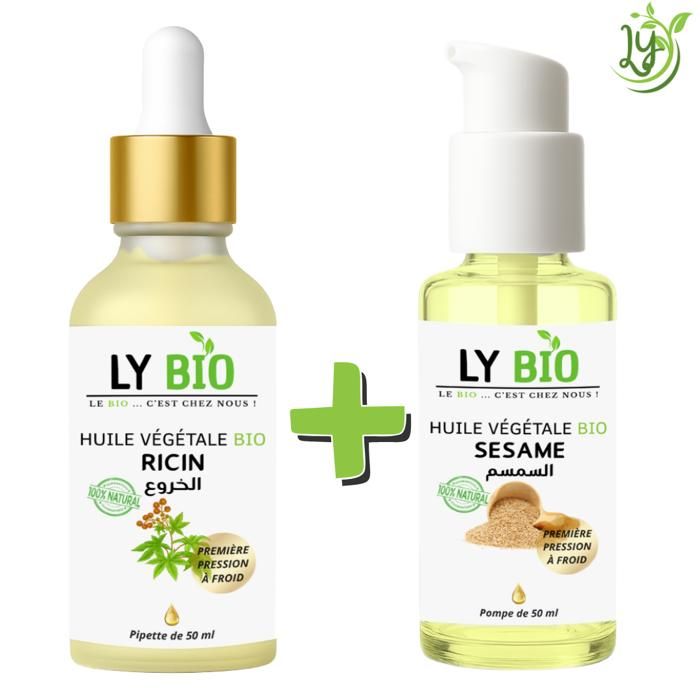 Pack Huile Végétale - LYBIO - Ricin 50ml - Sésame 50ml - Hydratant - Tous types de cheveux